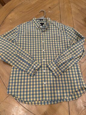 J Crew Men's Yellow and Blue Check Button-Down Shirt Large